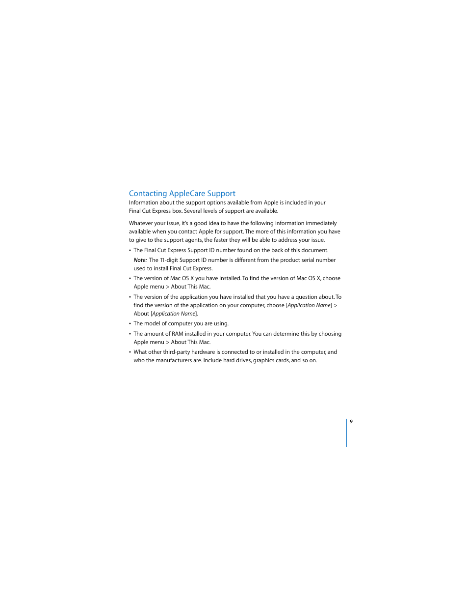 Contacting applecare support, P. 9) | Apple Installing Final Cut Express 4 User Manual | Page 9 / 10