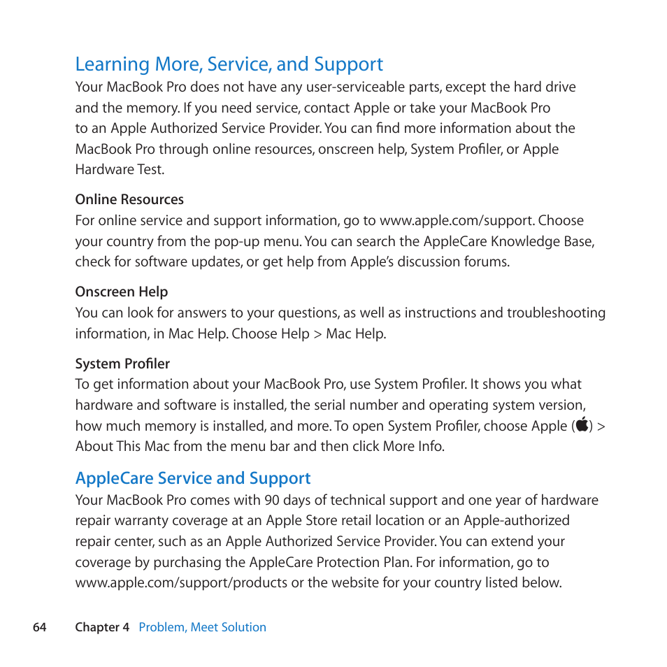 Learning more, service, and support, 64 learning more, service, and support, Applecare service and support | Apple MacBook Pro (17-inch, Mid 2010) User Manual | Page 64 / 88