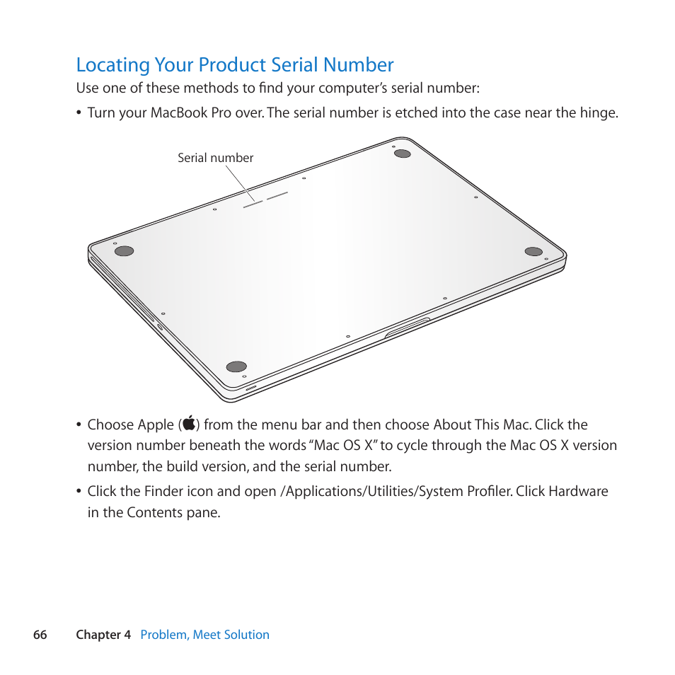 Locating your product serial number, 66 locating your product serial number | Apple MacBook Pro (17-inch, Mid 2010) User Manual | Page 66 / 88