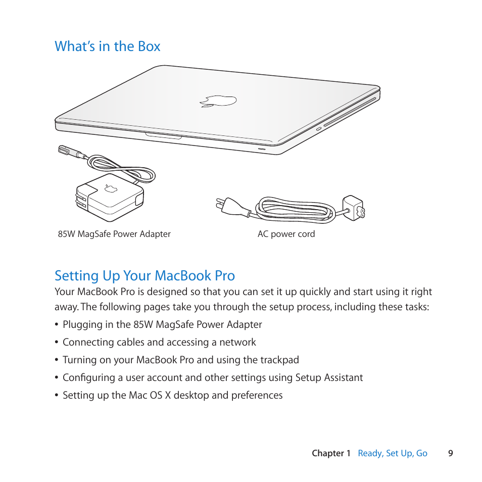 What’s in the box, Setting up your macbook pro, 9 what’s in the box | 9 setting up your macbook pro | Apple MacBook Pro (17-inch, Mid 2010) User Manual | Page 9 / 88