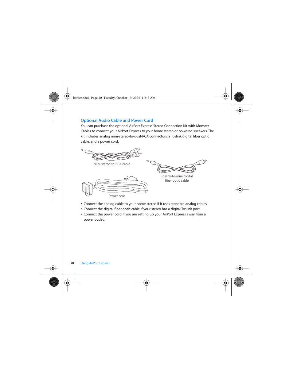 Optional audio cable and power cord | Apple AirPort Express User Manual | Page 20 / 48