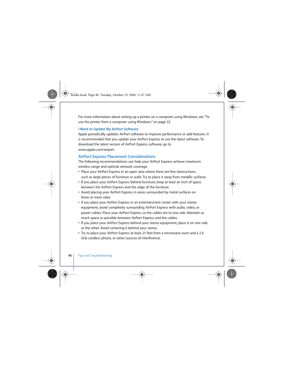 Airport express placement considerations | Apple AirPort Express User Manual | Page 40 / 48