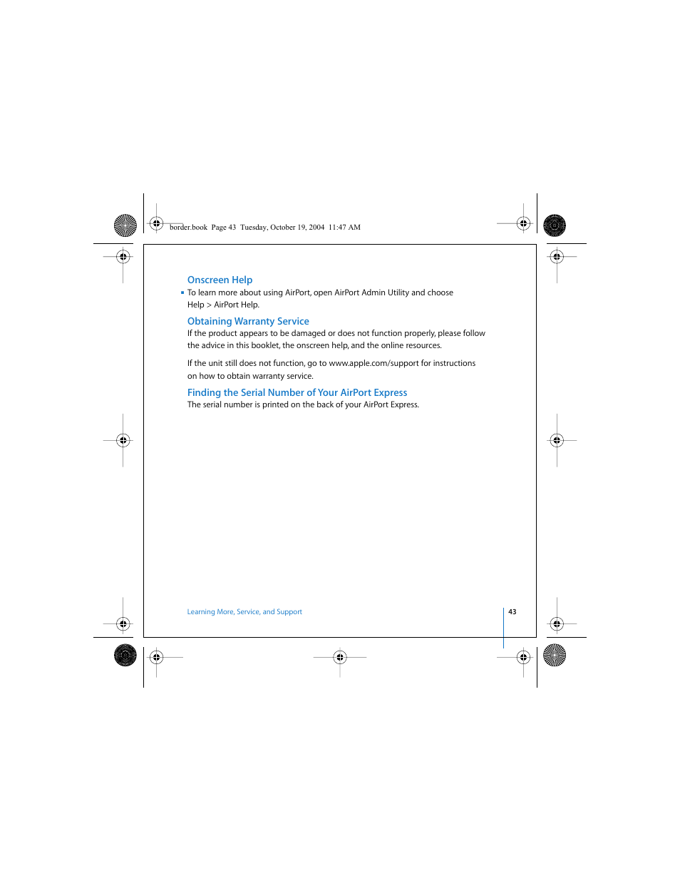 Onscreen help, Obtaining warranty service, Finding the serial number of your airport express | Apple AirPort Express User Manual | Page 43 / 48