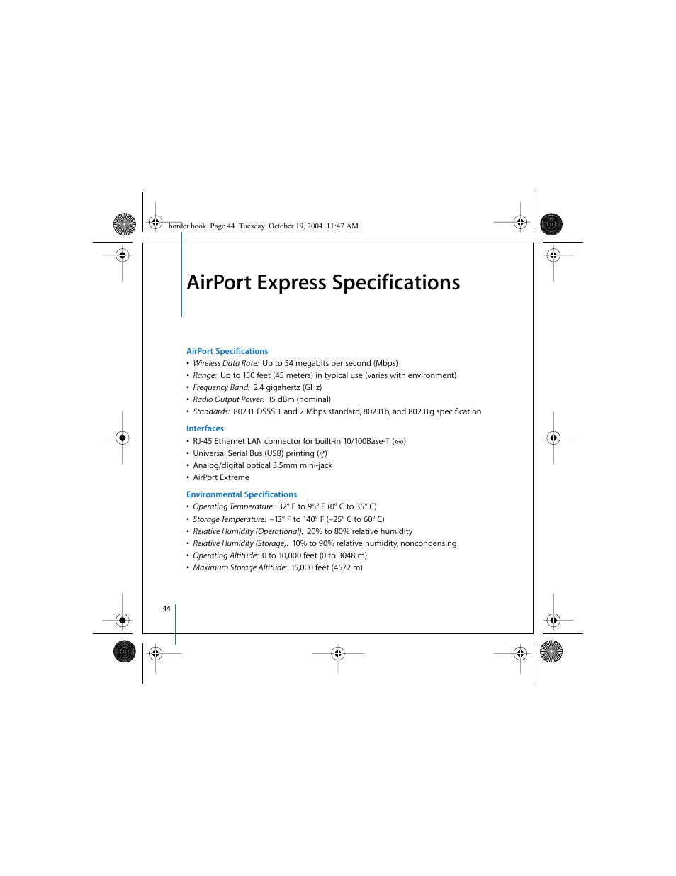 Airport express specifications | Apple AirPort Express User Manual | Page 44 / 48