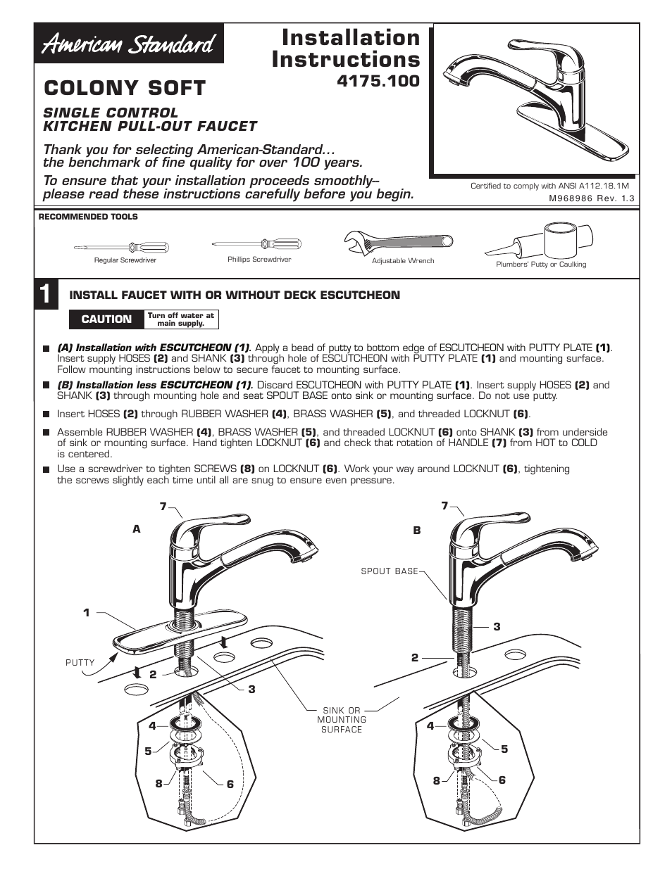 American Standard COLONY SOFT 4175.1 User Manual | 3 pages