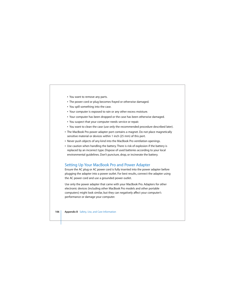Setting up your macbook pro and power adapter | Apple MacBook Pro (15-inch) User Manual | Page 106 / 144