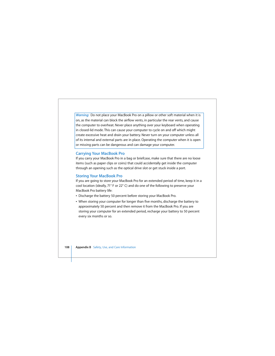 Carrying your macbook pro, Storing your macbook pro | Apple MacBook Pro (15-inch) User Manual | Page 108 / 144