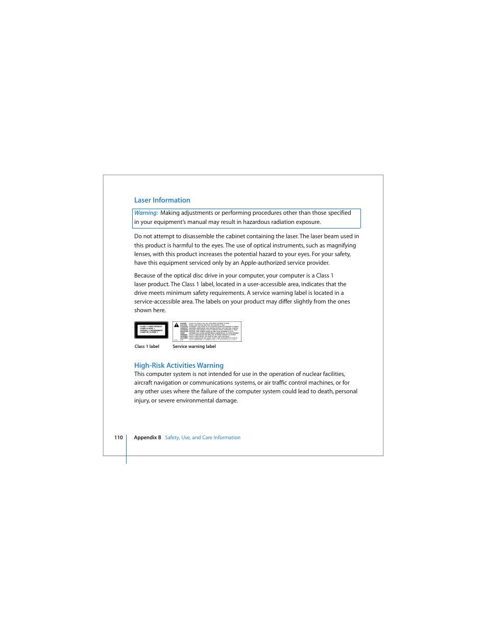 Laser information, High-risk activities warning | Apple MacBook Pro (15-inch) User Manual | Page 110 / 144