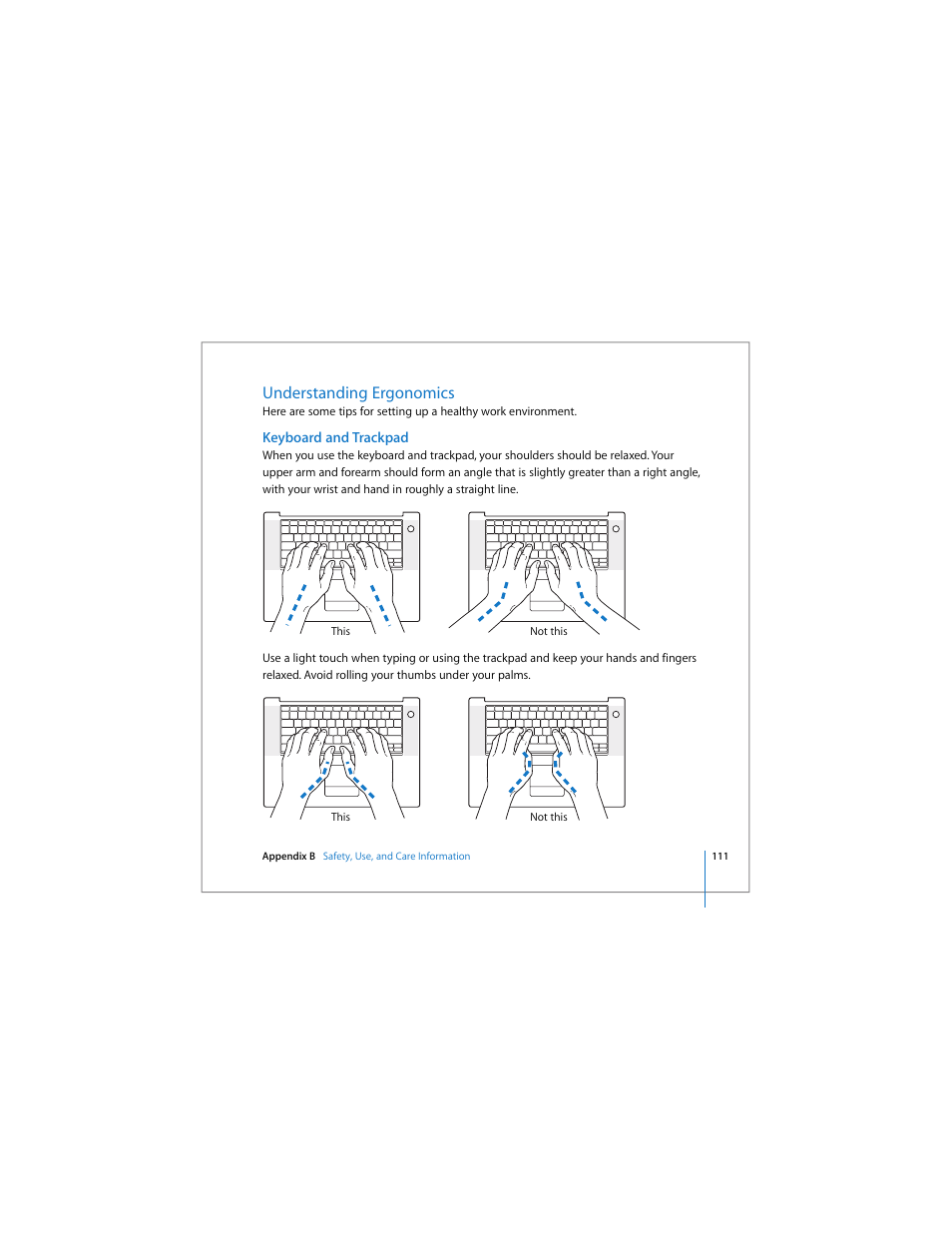 Understanding ergonomics, Keyboard and trackpad | Apple MacBook Pro (15-inch) User Manual | Page 111 / 144