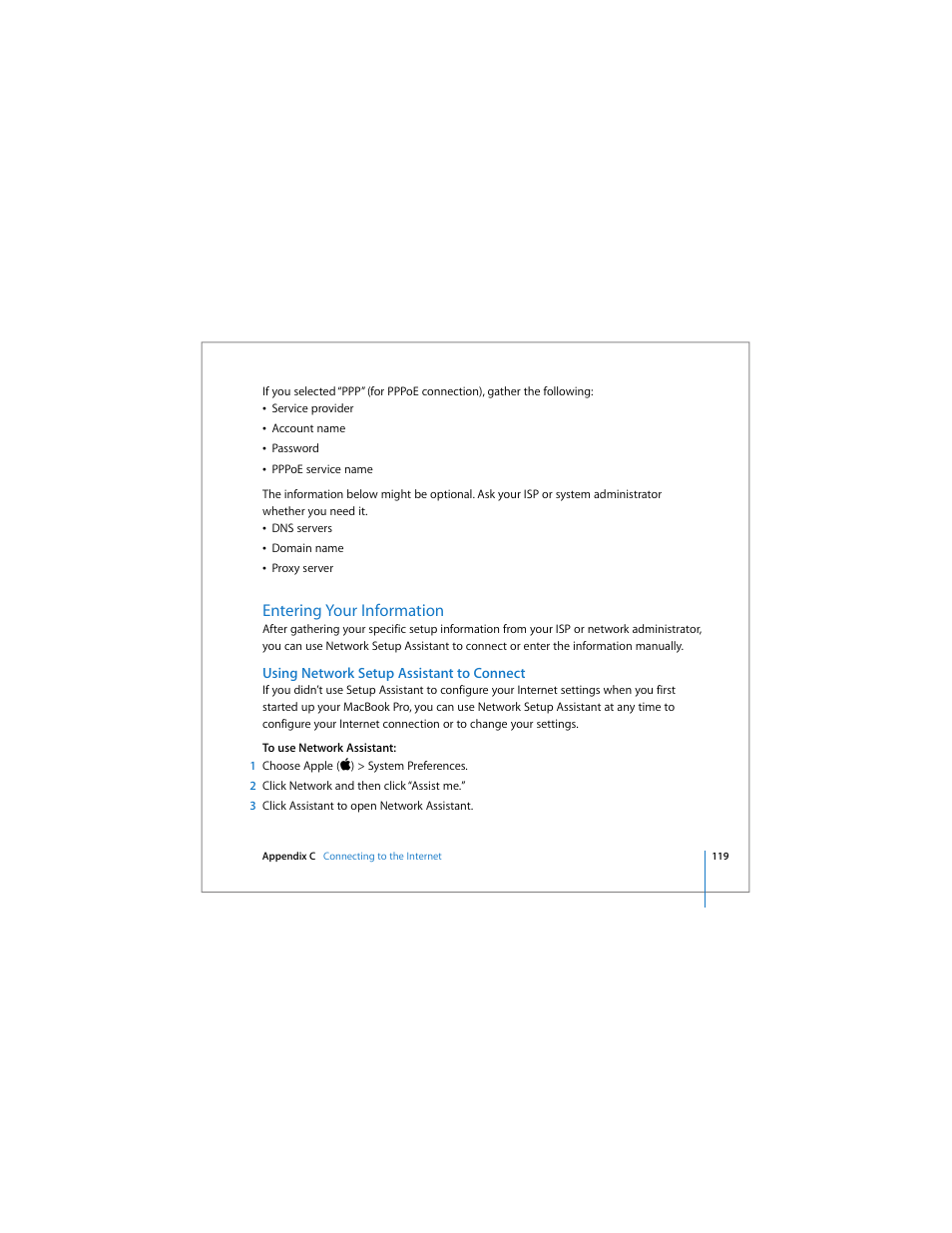 Entering your information, Using network setup assistant to connect | Apple MacBook Pro (15-inch) User Manual | Page 119 / 144