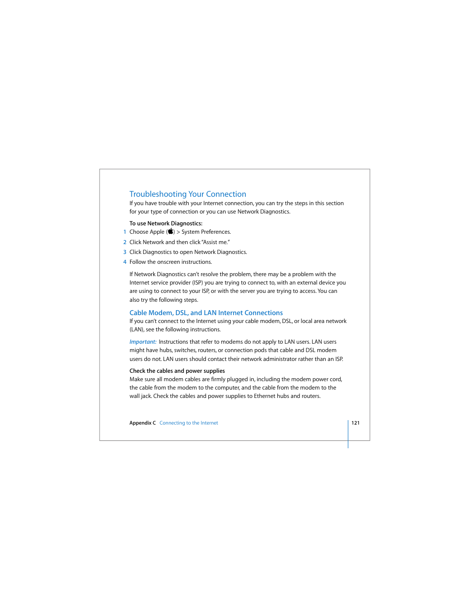 Troubleshooting your connection, Cable modem, dsl, and lan internet connections | Apple MacBook Pro (15-inch) User Manual | Page 121 / 144