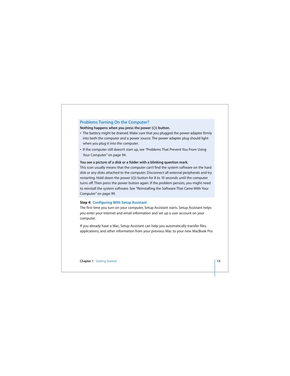 Problems turning on the computer | Apple MacBook Pro (15-inch) User Manual | Page 13 / 144