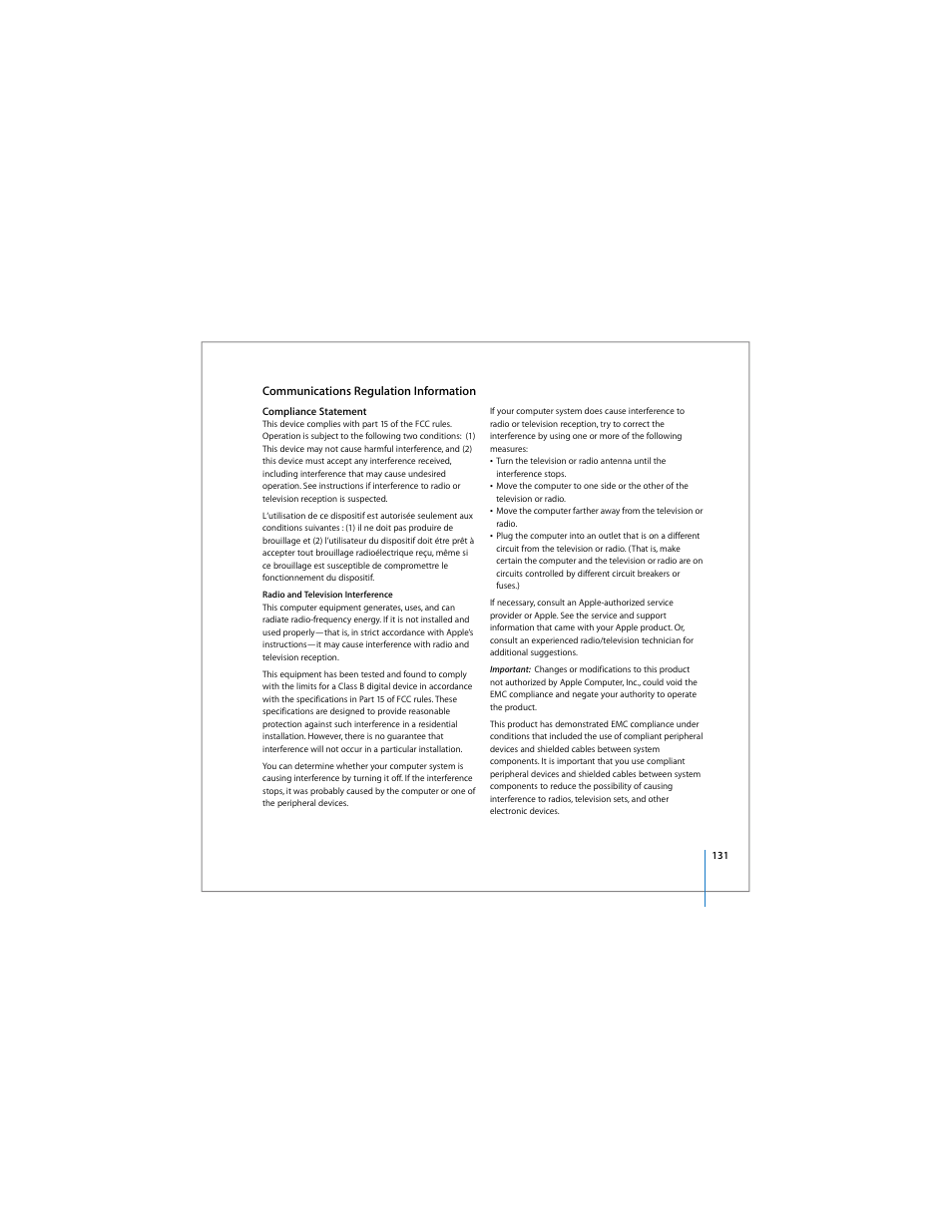 Communications regulation information | Apple MacBook Pro (15-inch) User Manual | Page 131 / 144