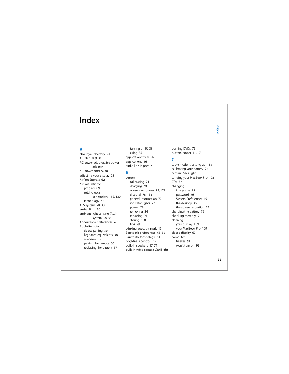 Index | Apple MacBook Pro (15-inch) User Manual | Page 135 / 144