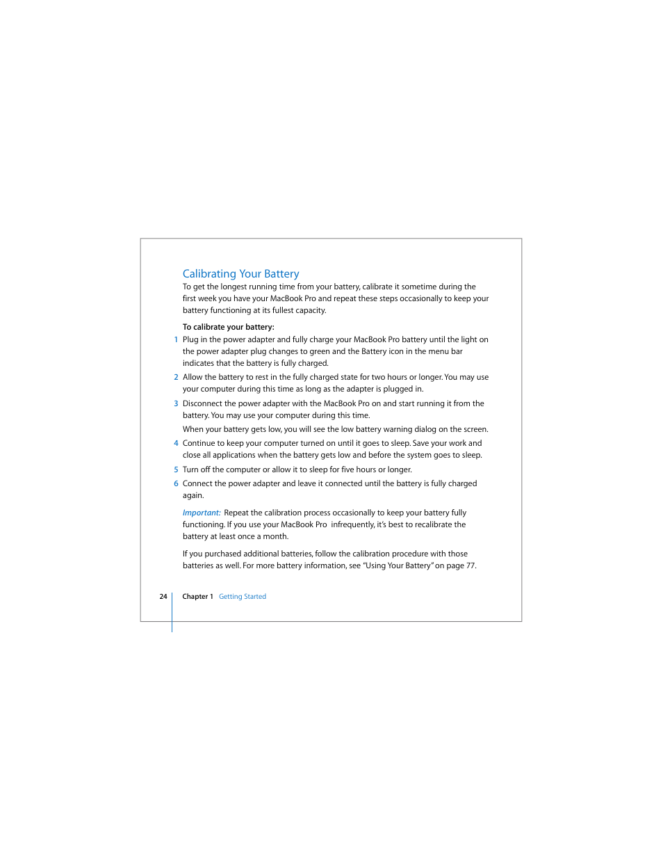 Calibrating your battery | Apple MacBook Pro (15-inch) User Manual | Page 24 / 144