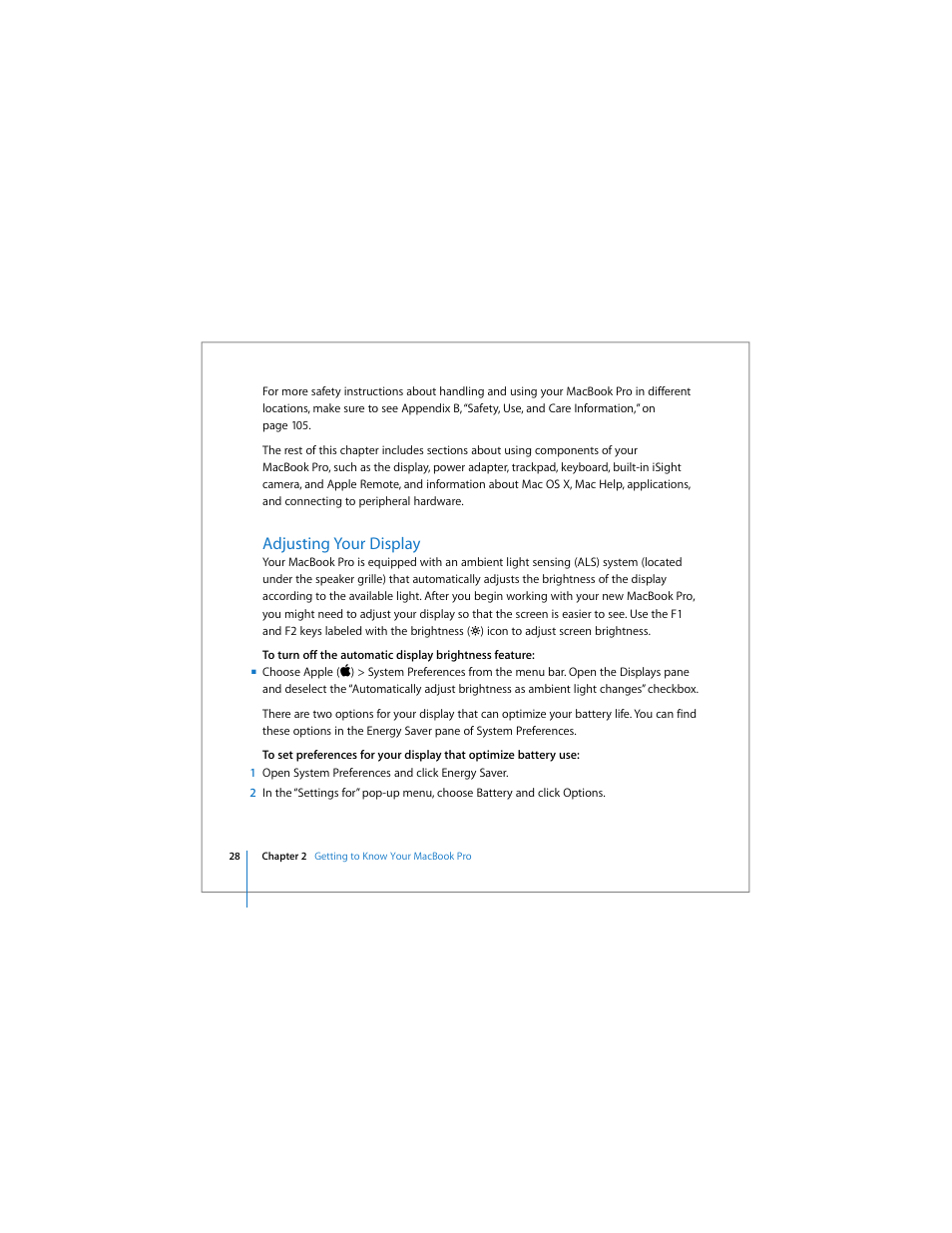 Adjusting your display | Apple MacBook Pro (15-inch) User Manual | Page 28 / 144