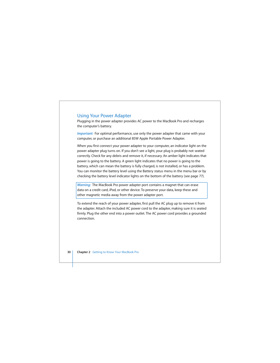 Using your power adapter | Apple MacBook Pro (15-inch) User Manual | Page 30 / 144