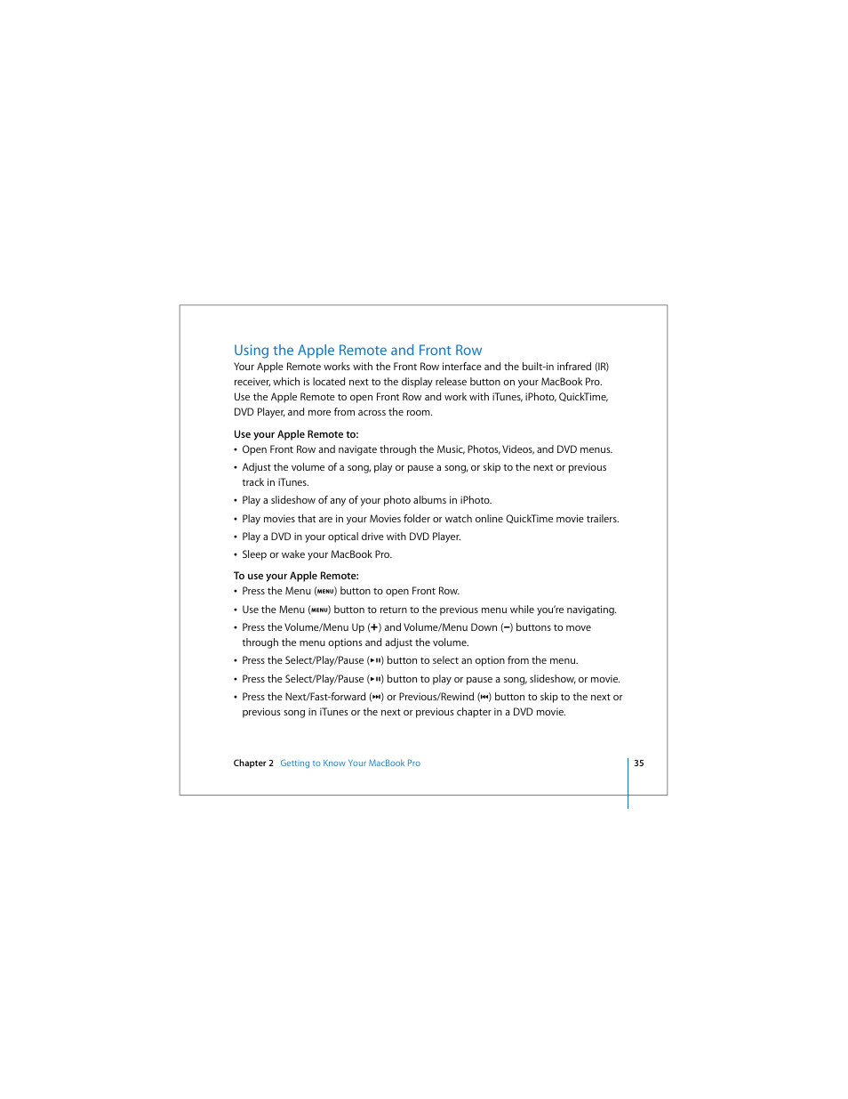 Using the apple remote and front row | Apple MacBook Pro (15-inch) User Manual | Page 35 / 144