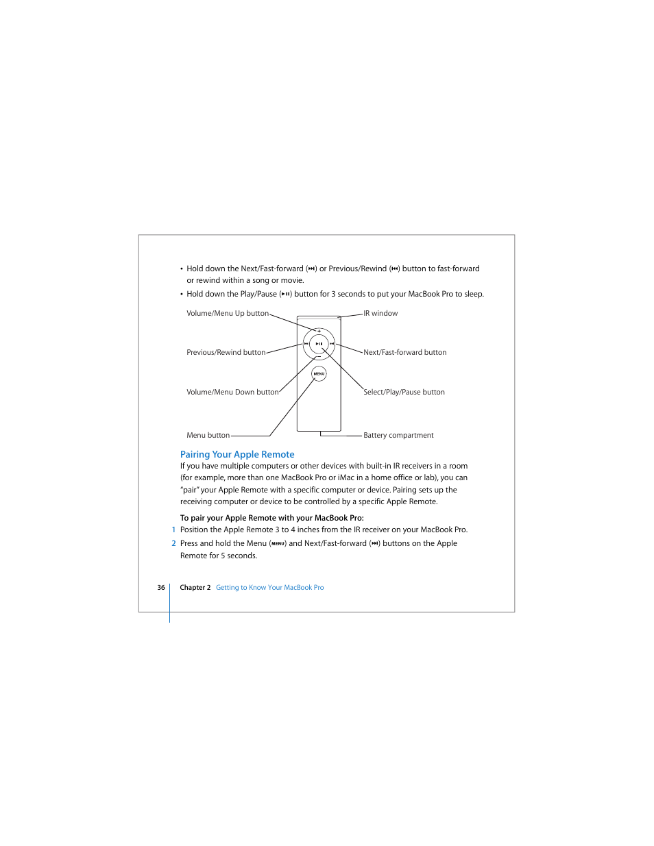 Pairing your apple remote | Apple MacBook Pro (15-inch) User Manual | Page 36 / 144