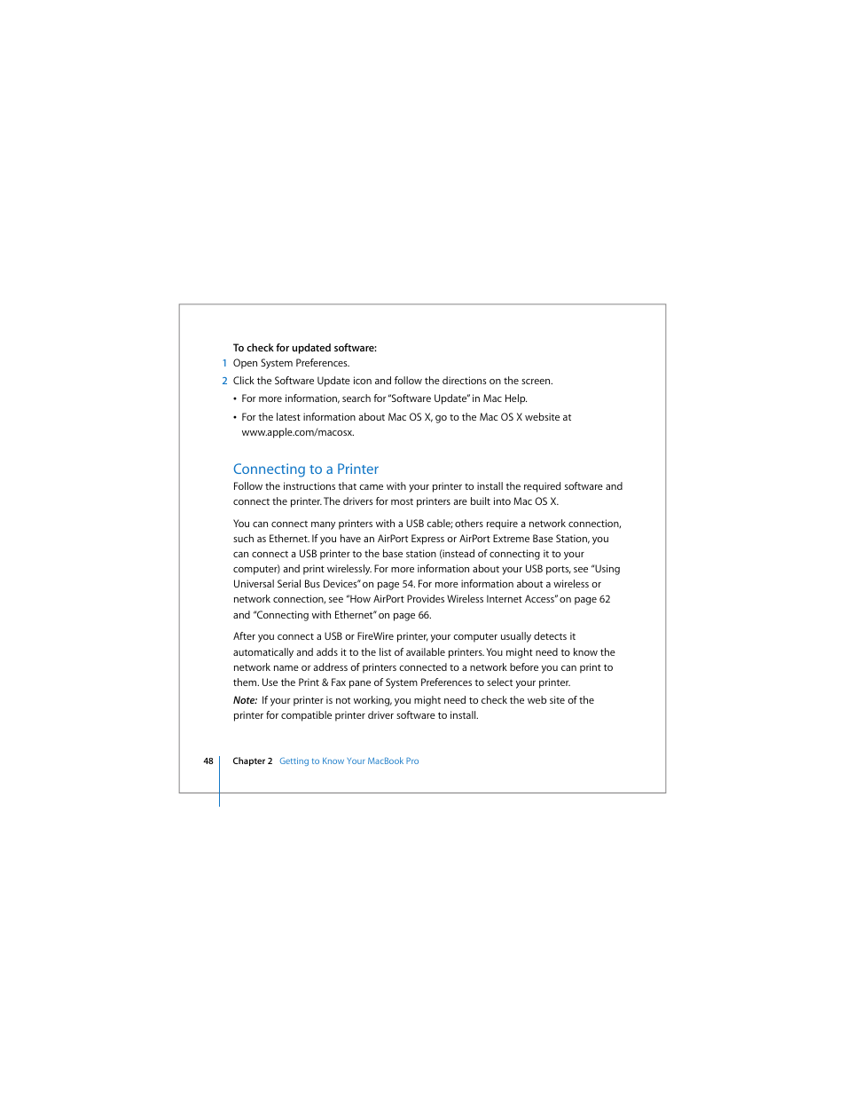Connecting to a printer | Apple MacBook Pro (15-inch) User Manual | Page 48 / 144