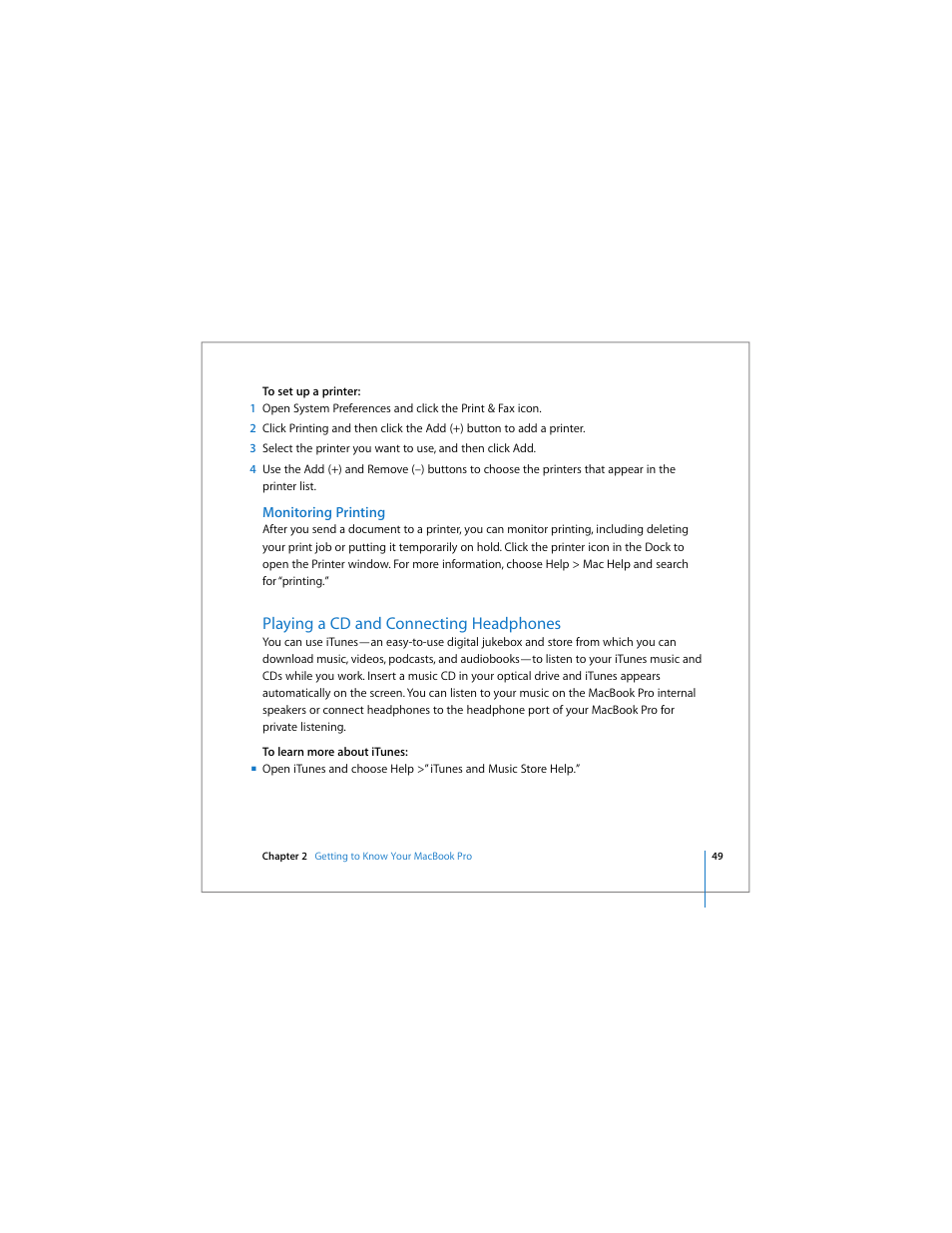 Monitoring printing, Playing a cd and connecting headphones | Apple MacBook Pro (15-inch) User Manual | Page 49 / 144