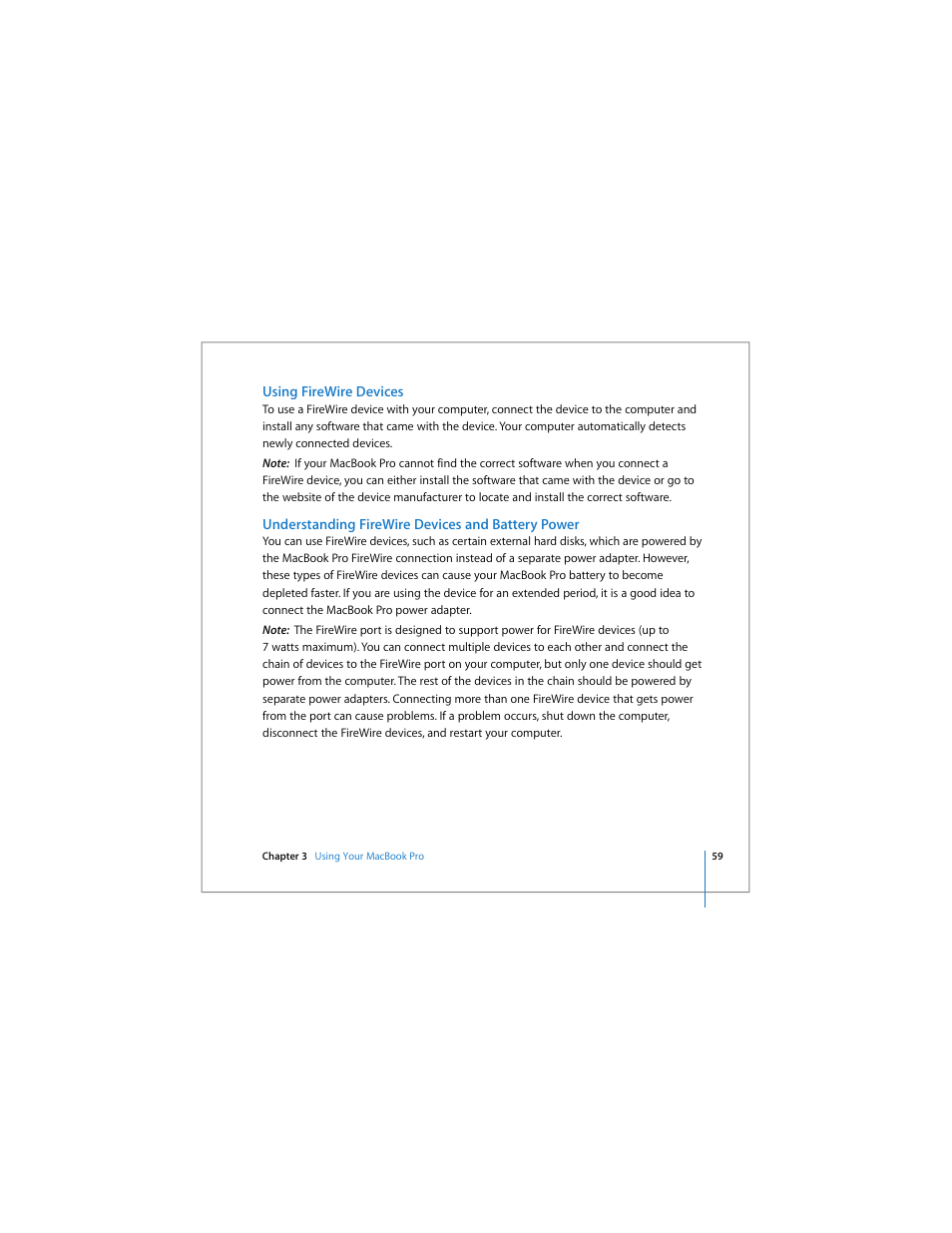 Using firewire devices, Understanding firewire devices and battery power | Apple MacBook Pro (15-inch) User Manual | Page 59 / 144
