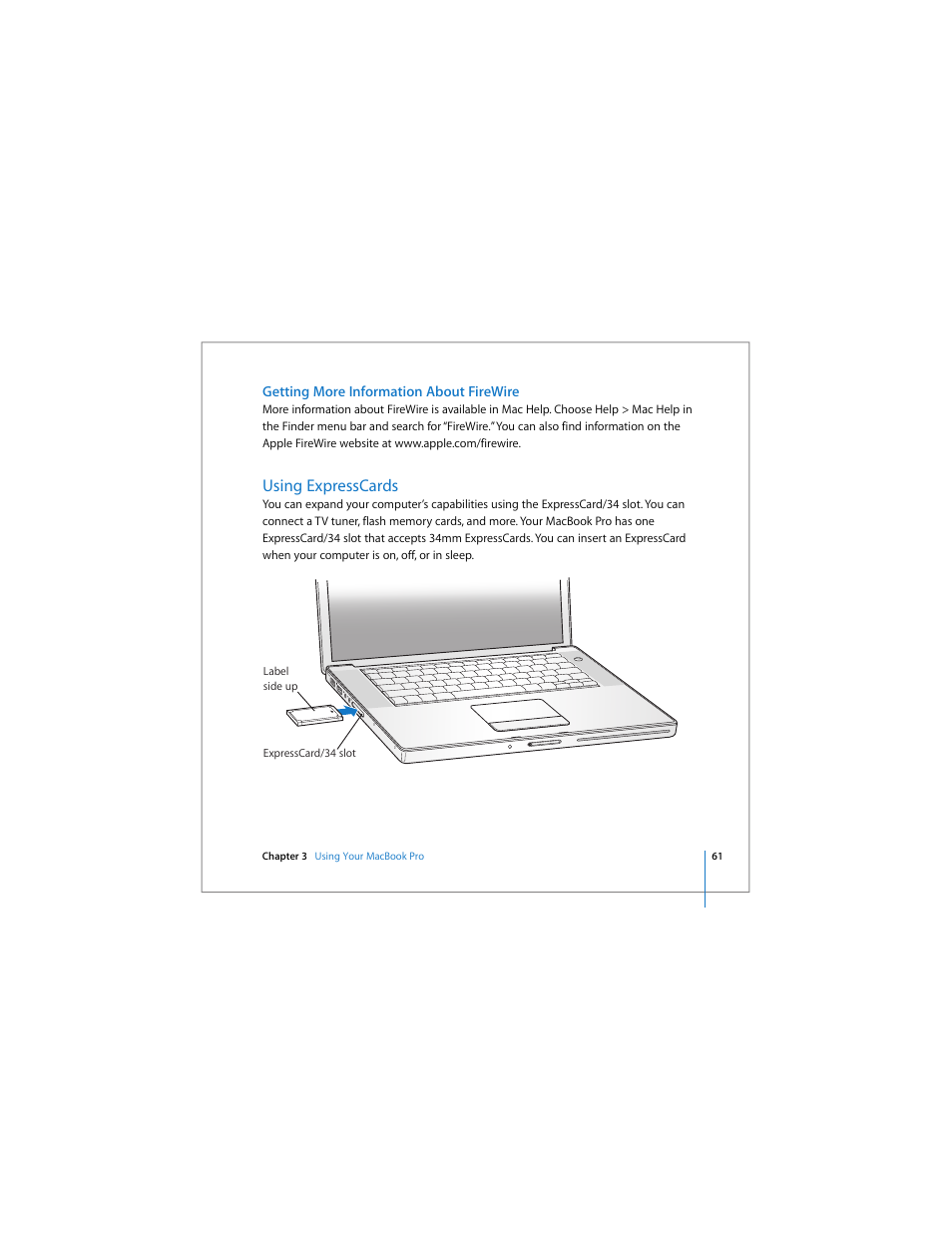 Getting more information about firewire, Using expresscards | Apple MacBook Pro (15-inch) User Manual | Page 61 / 144