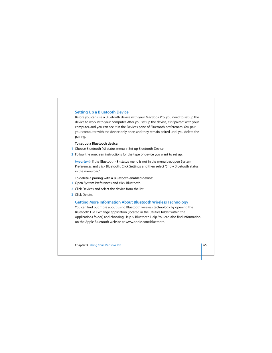 Setting up a bluetooth device | Apple MacBook Pro (15-inch) User Manual | Page 65 / 144