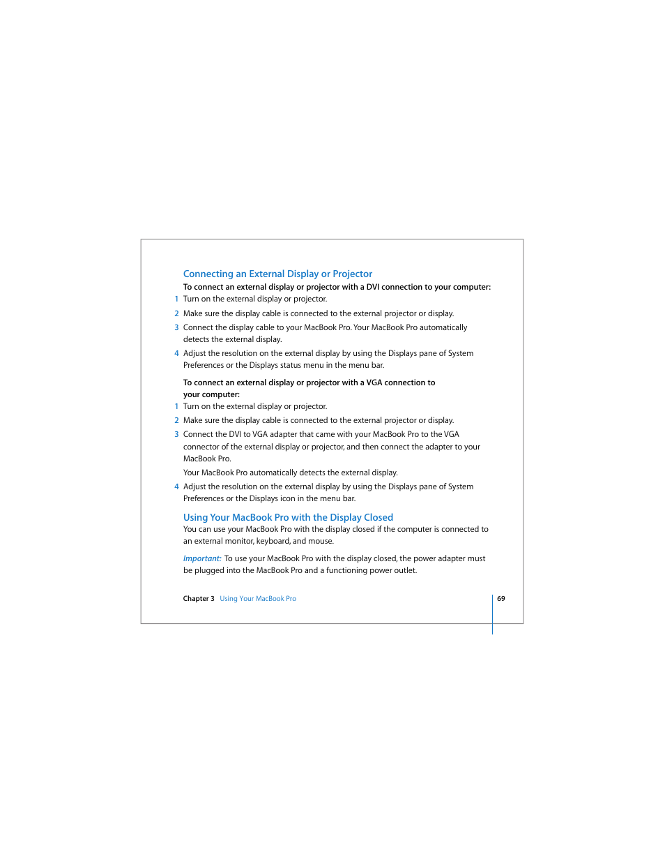 Connecting an external display or projector, Using your macbook pro with the display closed | Apple MacBook Pro (15-inch) User Manual | Page 69 / 144