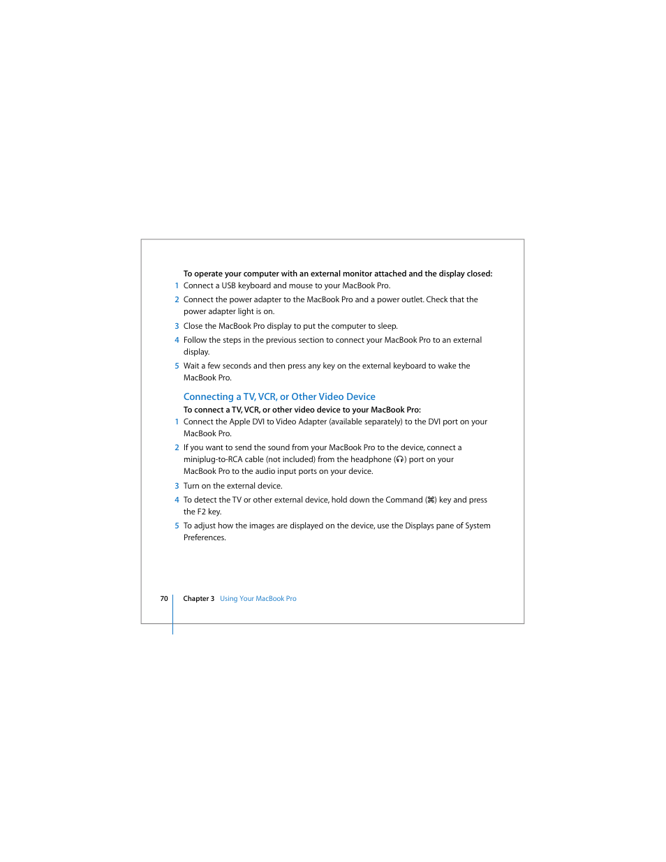 Connecting a tv, vcr, or other video device | Apple MacBook Pro (15-inch) User Manual | Page 70 / 144