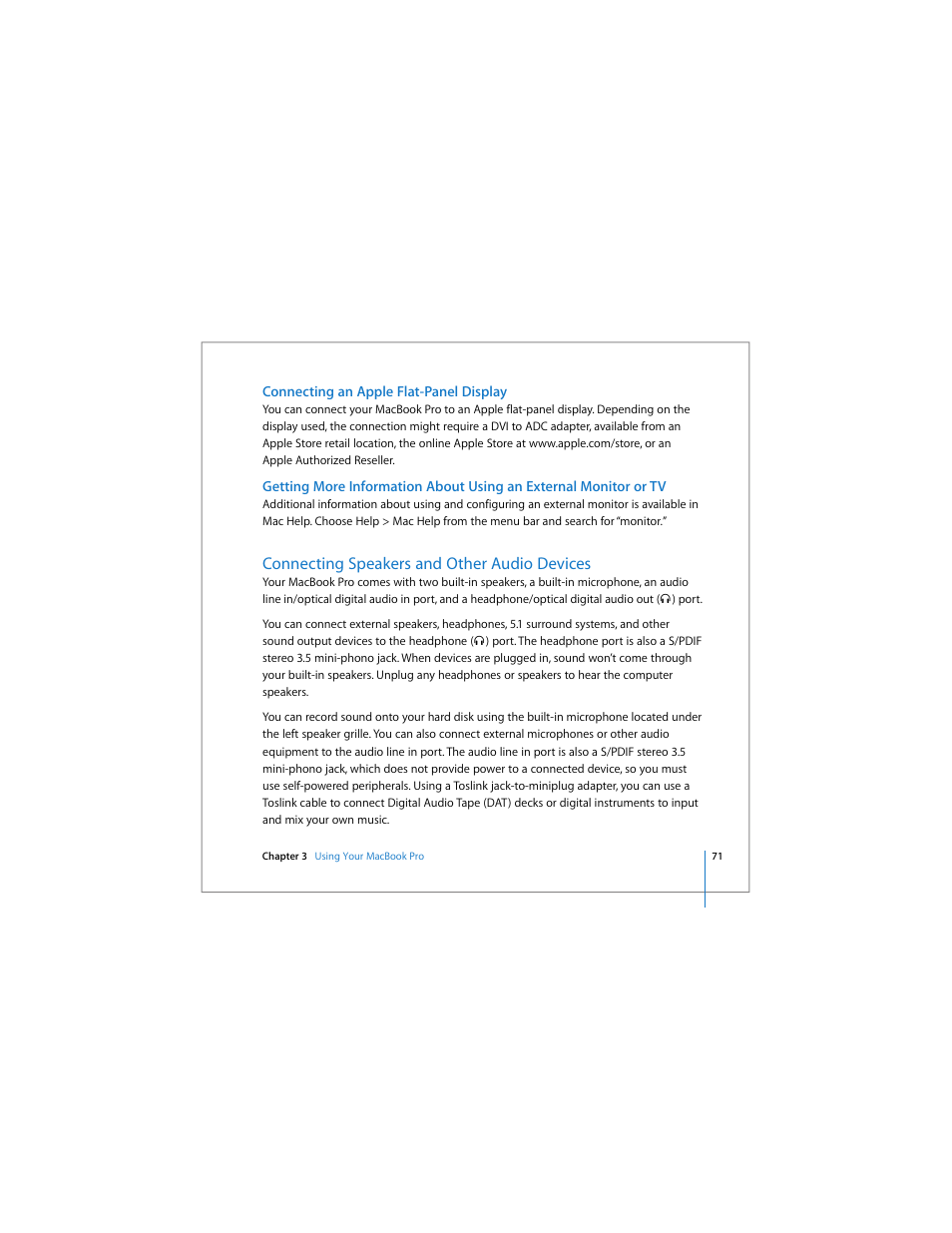Connecting an apple flat-panel display, Connecting speakers and other audio devices | Apple MacBook Pro (15-inch) User Manual | Page 71 / 144