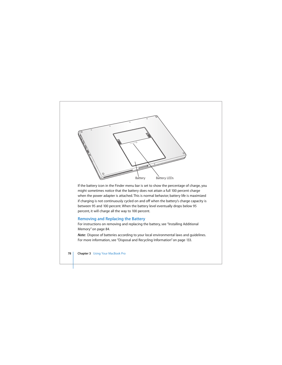 Removing and replacing the battery | Apple MacBook Pro (15-inch) User Manual | Page 78 / 144