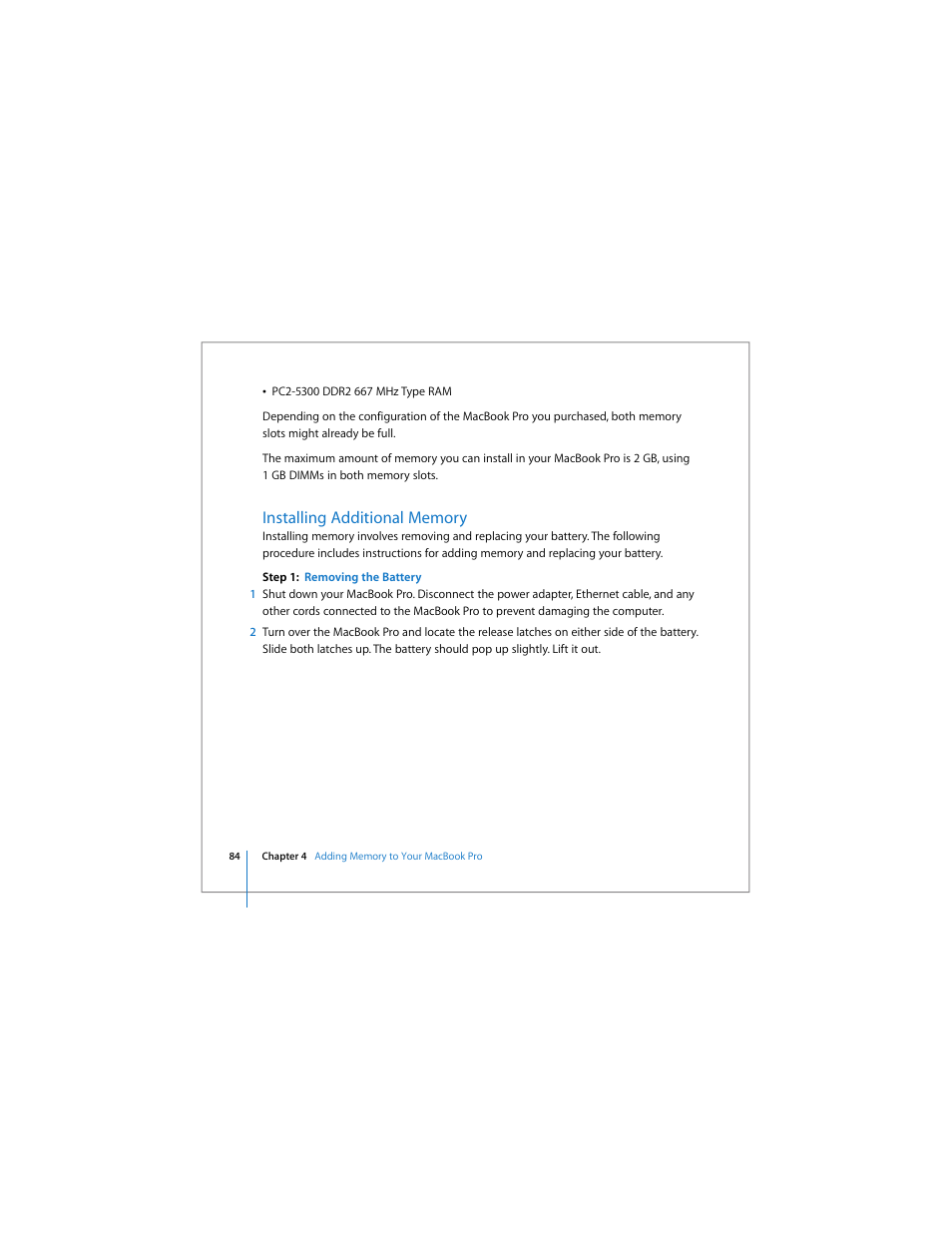 Installing additional memory | Apple MacBook Pro (15-inch) User Manual | Page 84 / 144