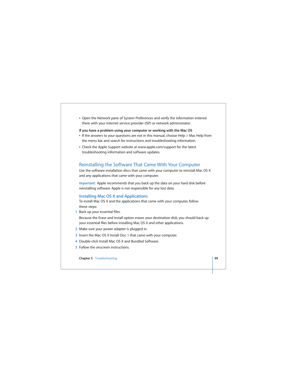 Installing mac os x and applications, Ee “reinstalling the software that came with your | Apple MacBook Pro (15-inch) User Manual | Page 99 / 144