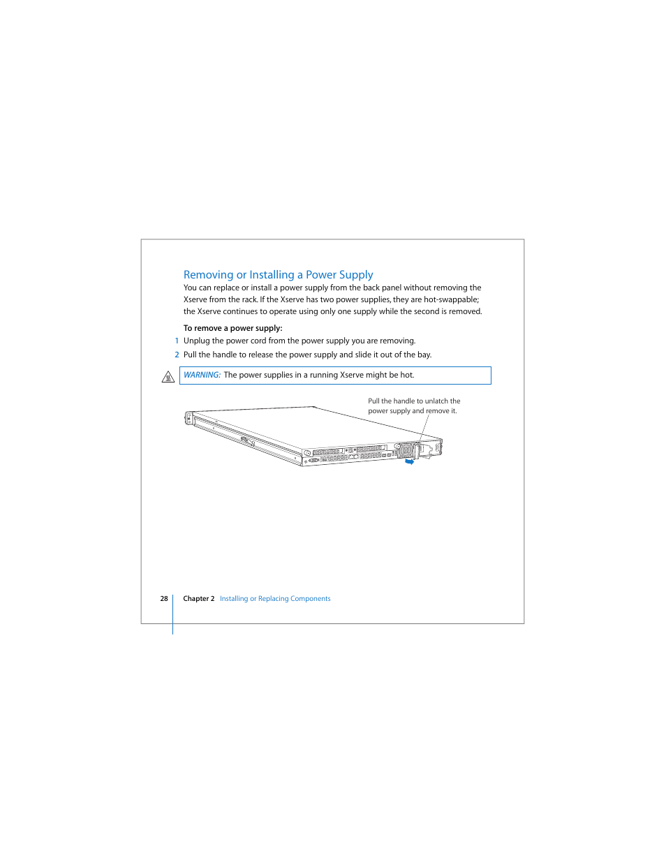 Removing or installing a power supply | Apple Xserve User Manual | Page 28 / 60