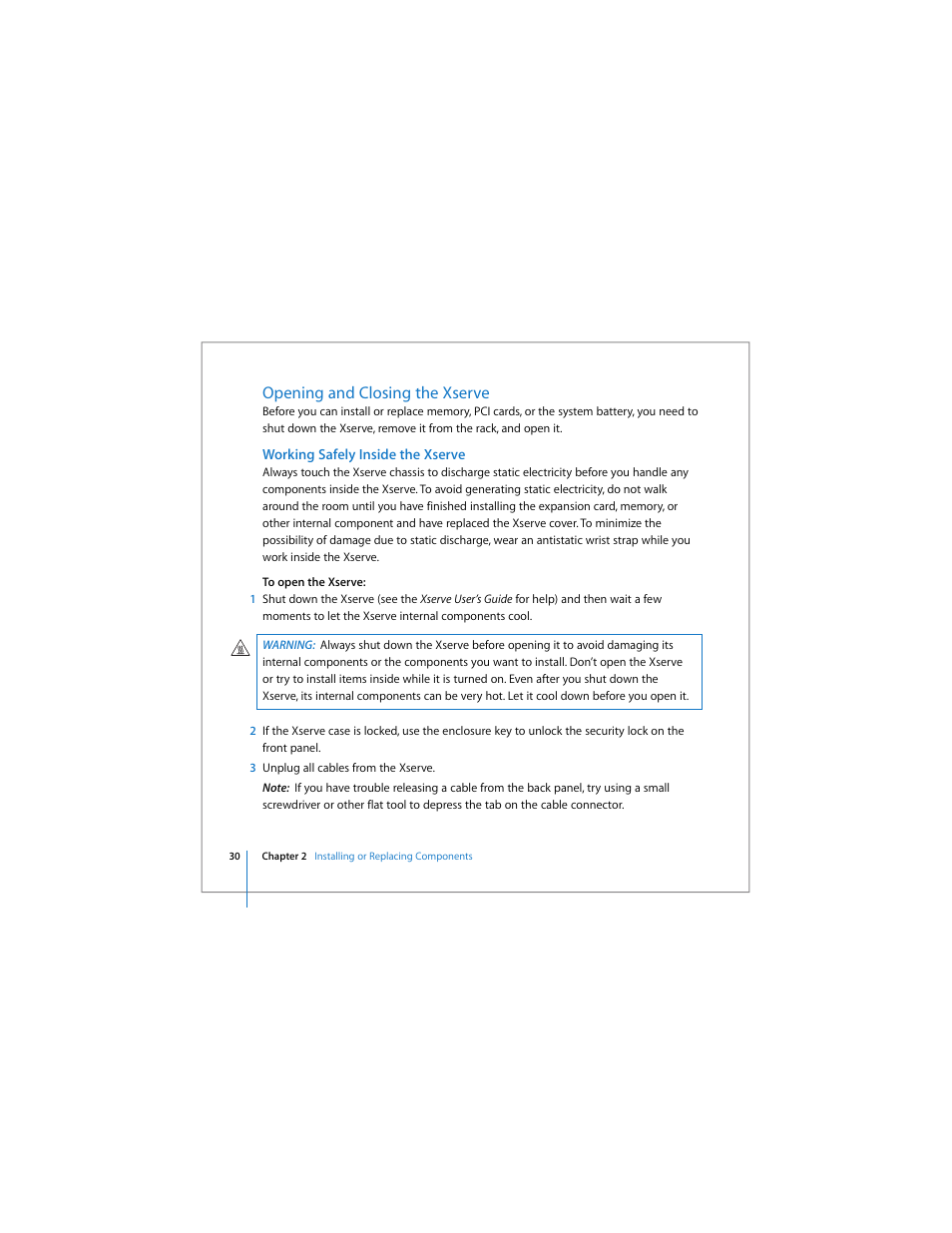 Opening and closing the xserve, Working safely inside the xserve | Apple Xserve User Manual | Page 30 / 60