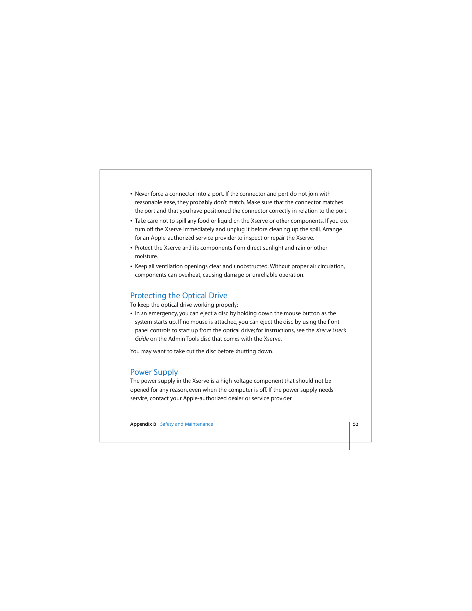 Protecting the optical drive, Power supply | Apple Xserve User Manual | Page 53 / 60