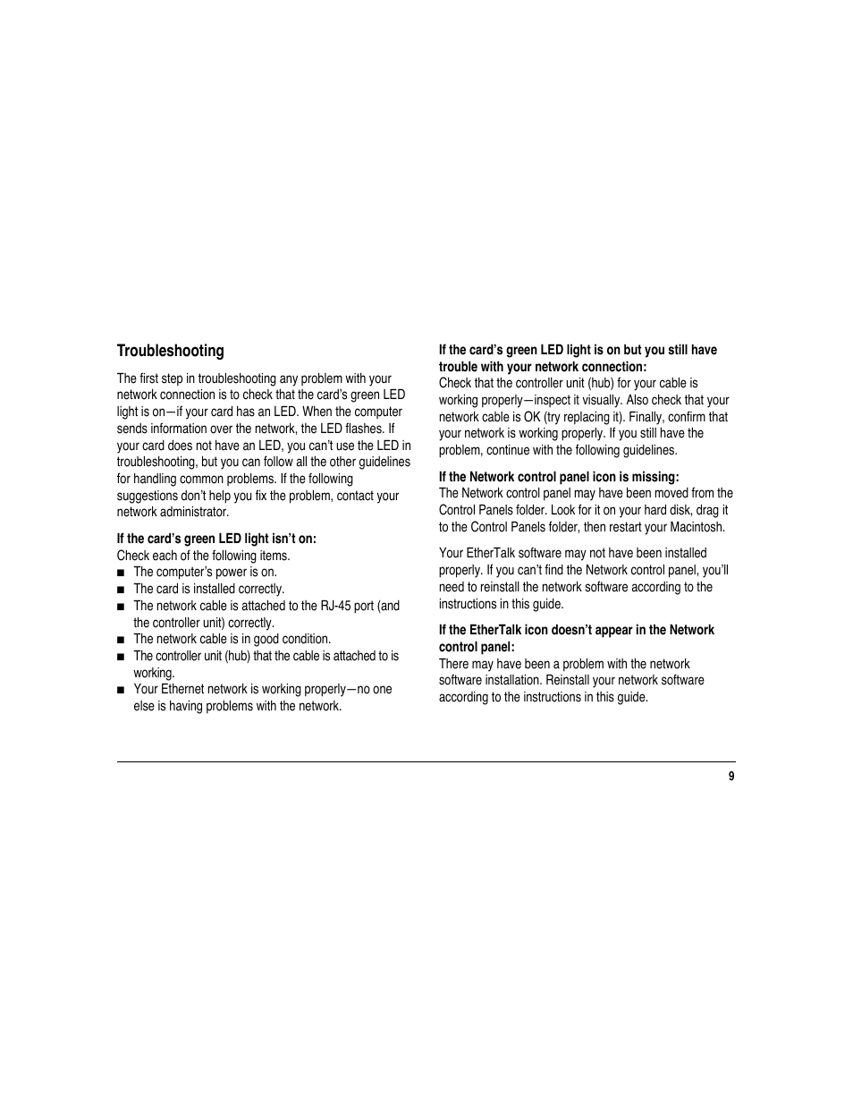 Troubleshooting | Apple Ethernet CS Twisted-Pair Card User Manual | Page 11 / 14