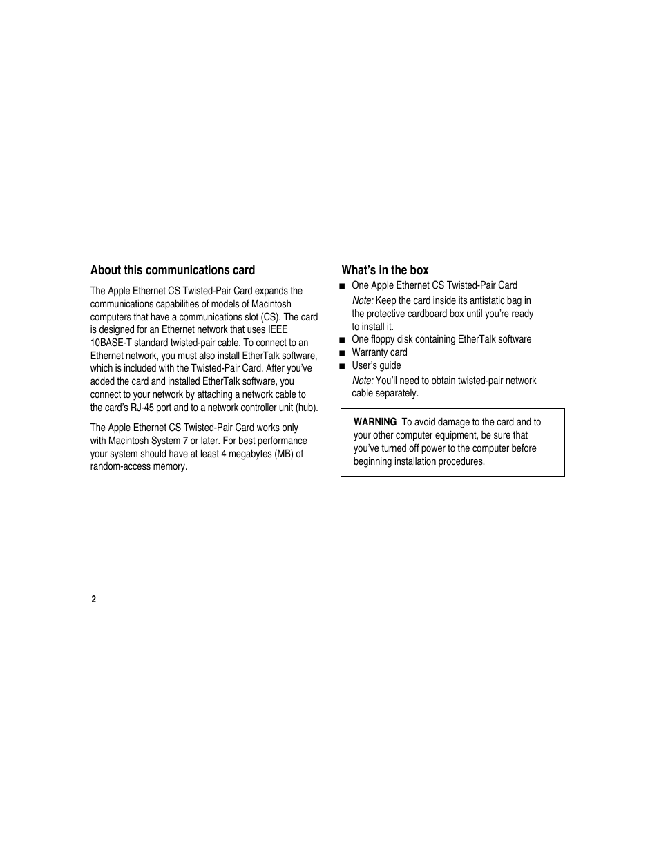 About this communications card, What’s in the box | Apple Ethernet CS Twisted-Pair Card User Manual | Page 4 / 14