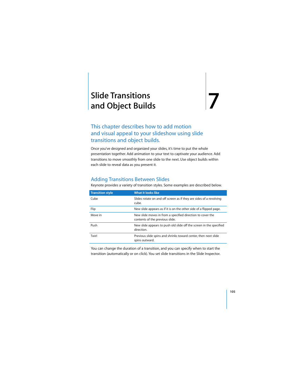 Slide transitions and object builds, Adding transitions between slides | Apple Keynote 2 User Manual | Page 105 / 152