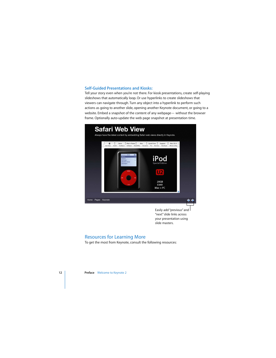 Self-guided presentations and kiosks, Resources for learning more | Apple Keynote 2 User Manual | Page 12 / 152