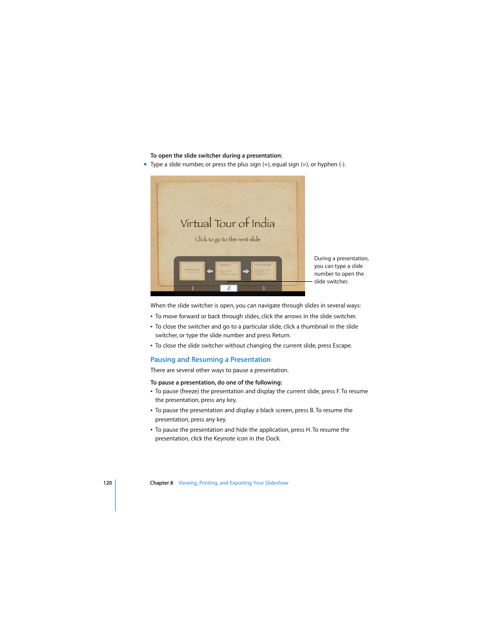 Pausing and resuming a presentation | Apple Keynote 2 User Manual | Page 120 / 152