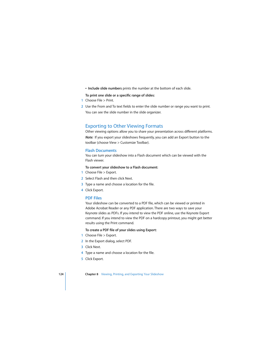 Exporting to other viewing formats, Flash documents, Pdf files | Apple Keynote 2 User Manual | Page 124 / 152
