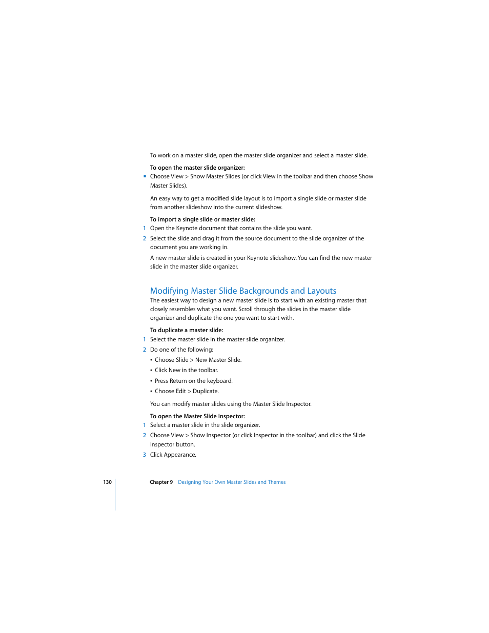 Modifying master slide backgrounds and layouts | Apple Keynote 2 User Manual | Page 130 / 152