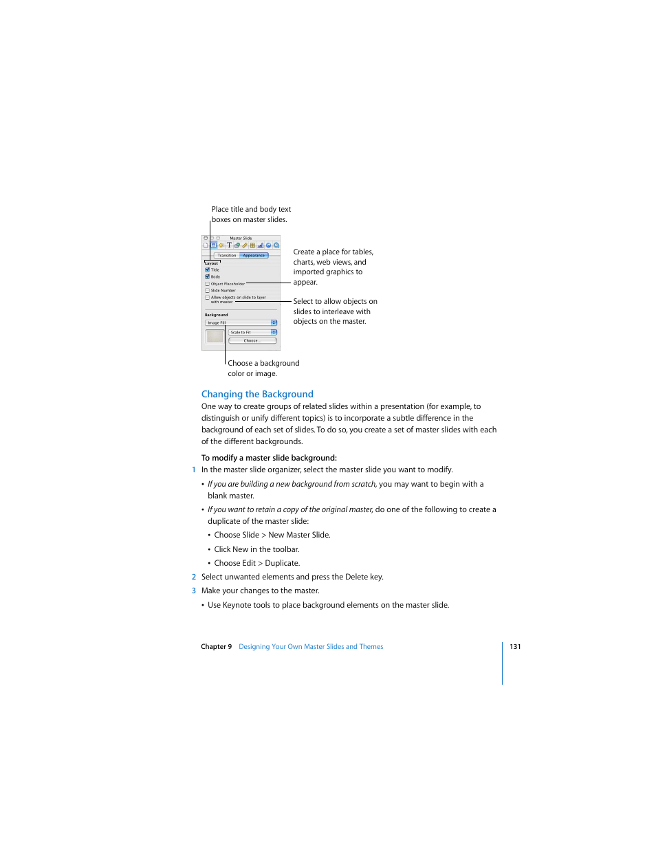 Changing the background | Apple Keynote 2 User Manual | Page 131 / 152