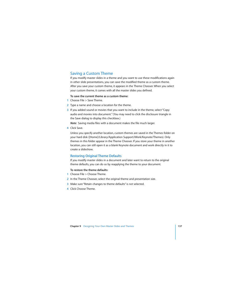 Saving a custom theme, Restoring original theme defaults | Apple Keynote 2 User Manual | Page 137 / 152