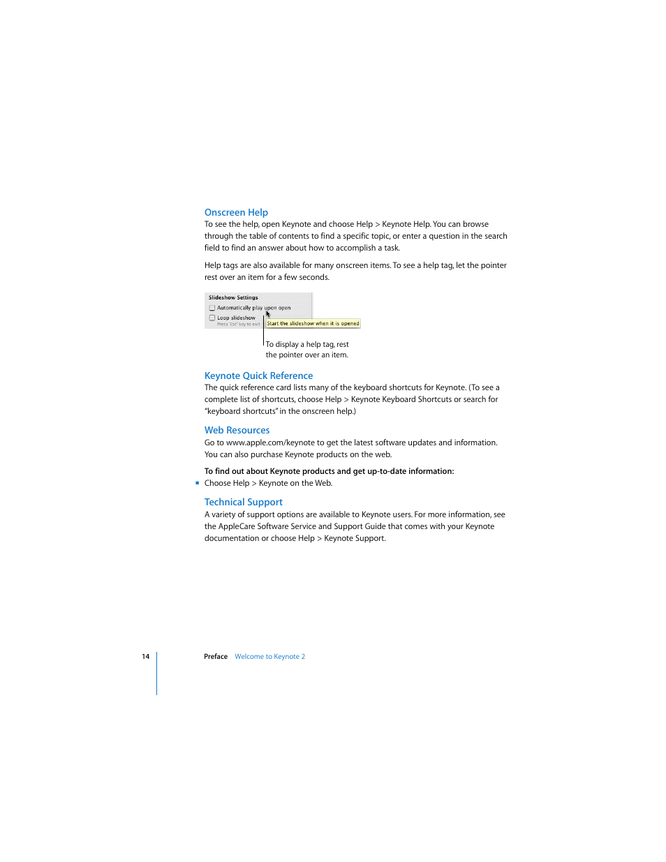 Onscreen help, Keynote quick reference, Web resources | Technical support | Apple Keynote 2 User Manual | Page 14 / 152