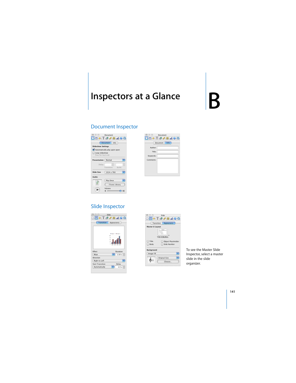 Inspectors at a glance, Document inspector, Slide inspector | Apple Keynote 2 User Manual | Page 141 / 152
