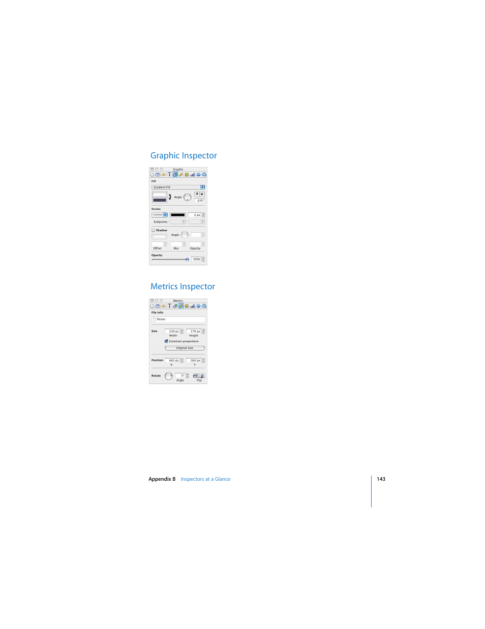 Graphic inspector, Metrics inspector, Graphic inspector metrics inspector | Apple Keynote 2 User Manual | Page 143 / 152