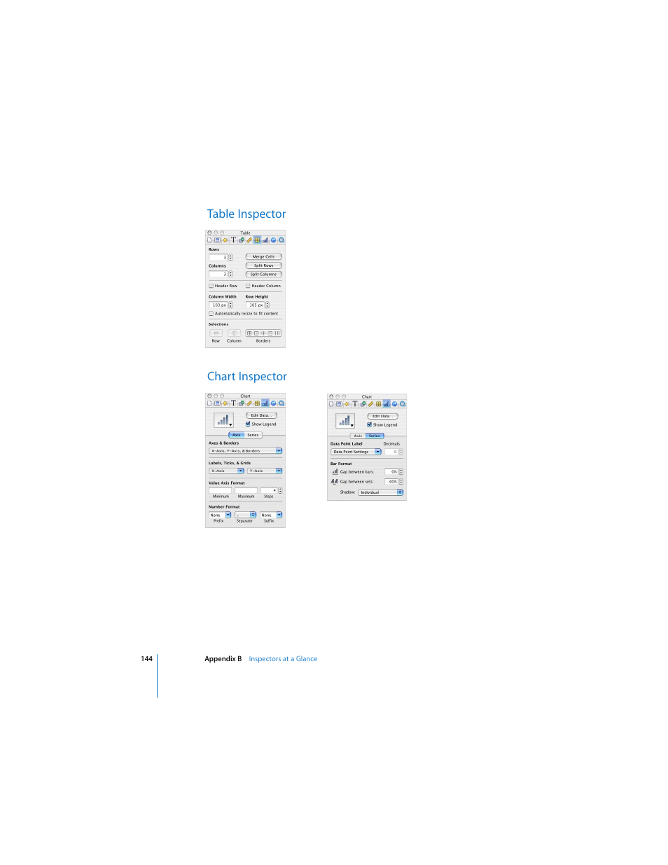 Table inspector, Chart inspector, Table inspector chart inspector | Apple Keynote 2 User Manual | Page 144 / 152